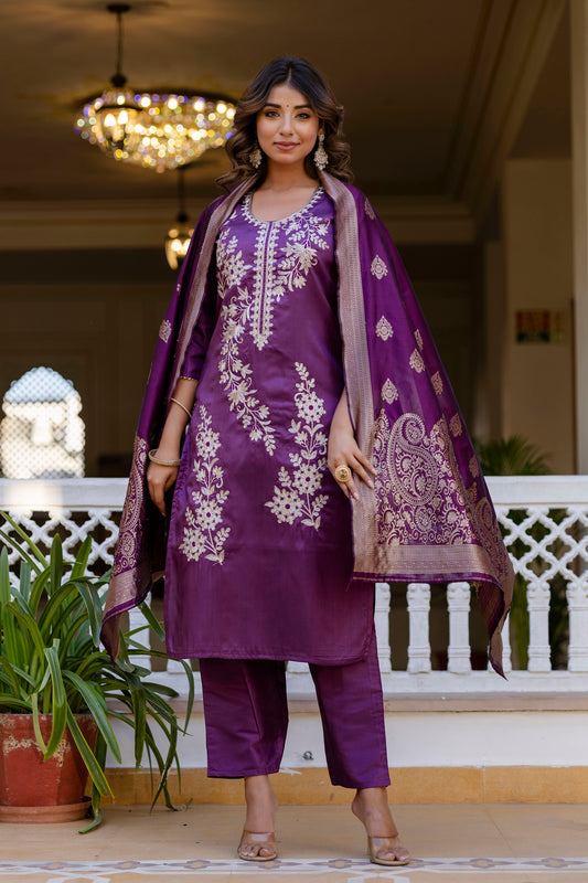 WINE COLOURED WOMEN'S  PURE SILK  KURTA WITH  DUPATTA SET