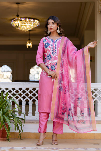 PINK  COLOURED WOMEN'S  P0LYSTER  KURTA WITH  DUPATTA SET