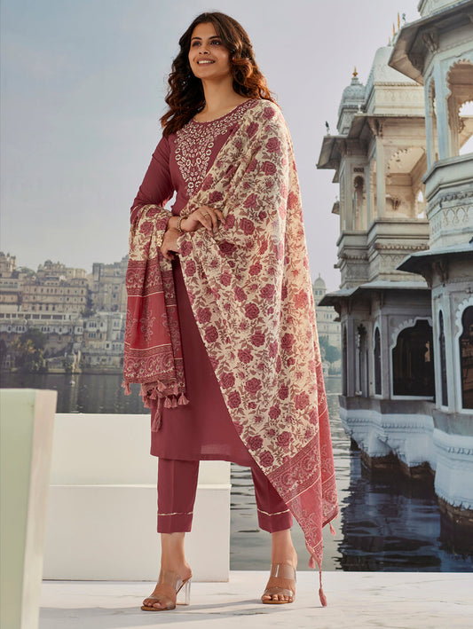 BROWN  COLOURED  WOMEN'S  COTTON SILK   KURTA WITH PANT DUPATTA  SET