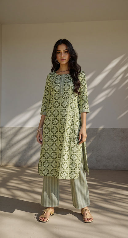 MINT GREEN  COLOURED  WOMEN'S VISCOSE RAYON KURTA WITH  DUPATTA SET