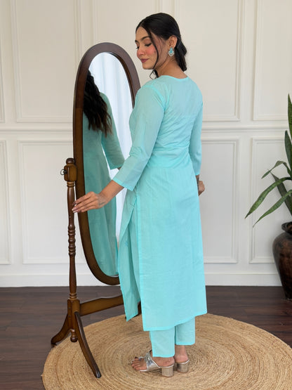 SKY COLOURED  WOMEN'S PURE COTTON  KURTA  WITH PANT DUPATTA  SET