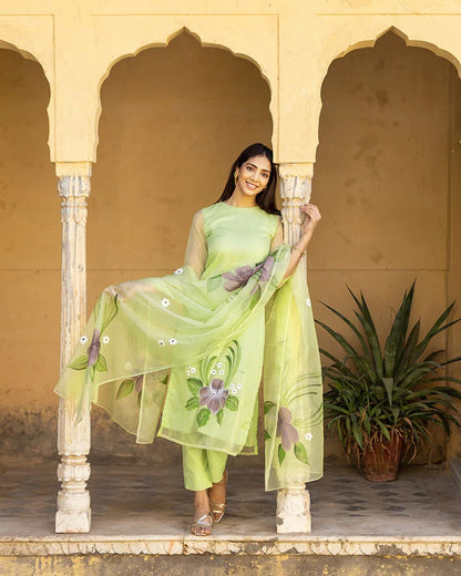 Beautifull Organza tabby Fabriced Hand Printed Demanding Kurta Set