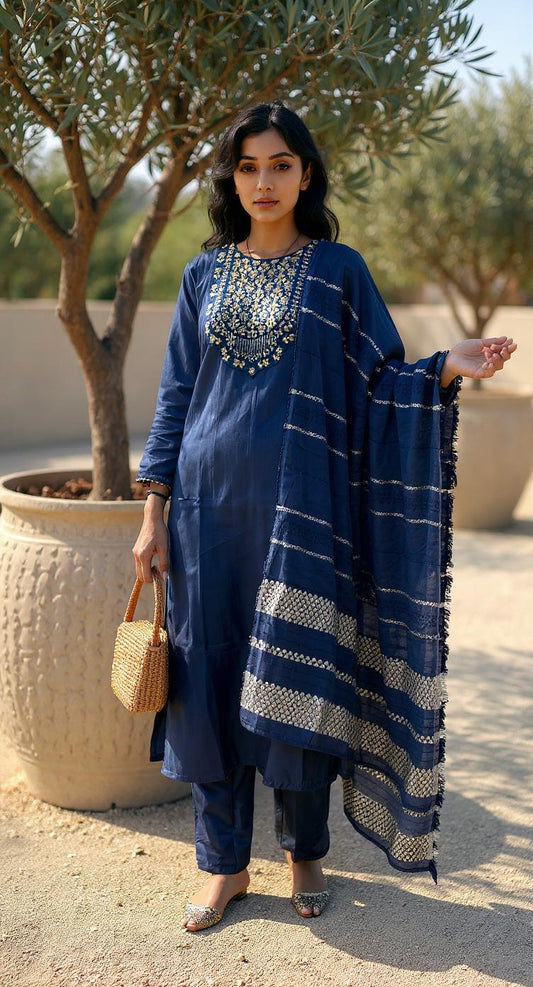BLUE COLOURED  WOMEN'S  POLYSTER KURTA WITH  DUPATTA SET