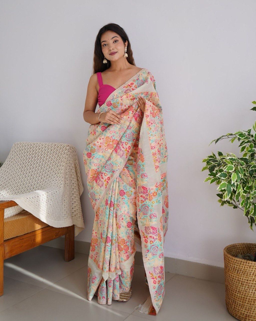 Kashmiri Weaving Multiple color thread weaving pure zari weaving Cream coloured saree