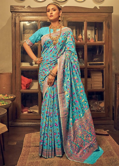 Kashmiri Weaving Multiple color thread weaving pure zari weaving Firozi coloured saree