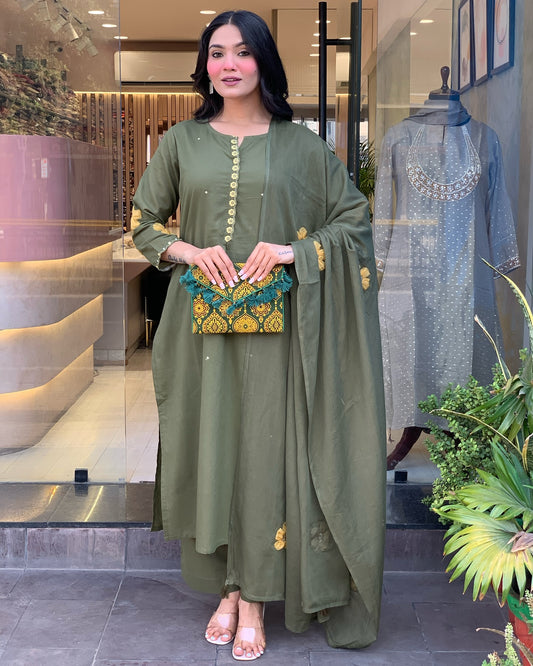 GREEN COLOURED  WOMEN'S CHANDERI SILK  KURTA WITH  DUPATTA SET