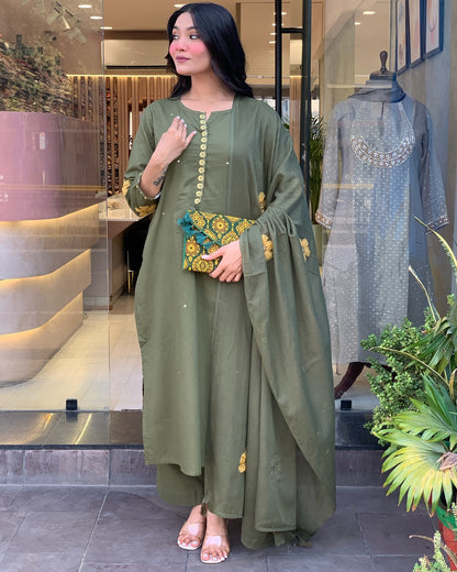 GREEN COLOURED  WOMEN'S CHANDERI SILK  KURTA WITH  DUPATTA SET