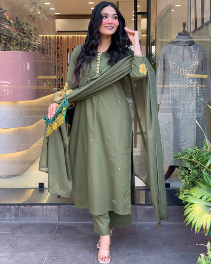 GREEN COLOURED  WOMEN'S CHANDERI SILK  KURTA WITH  DUPATTA SET