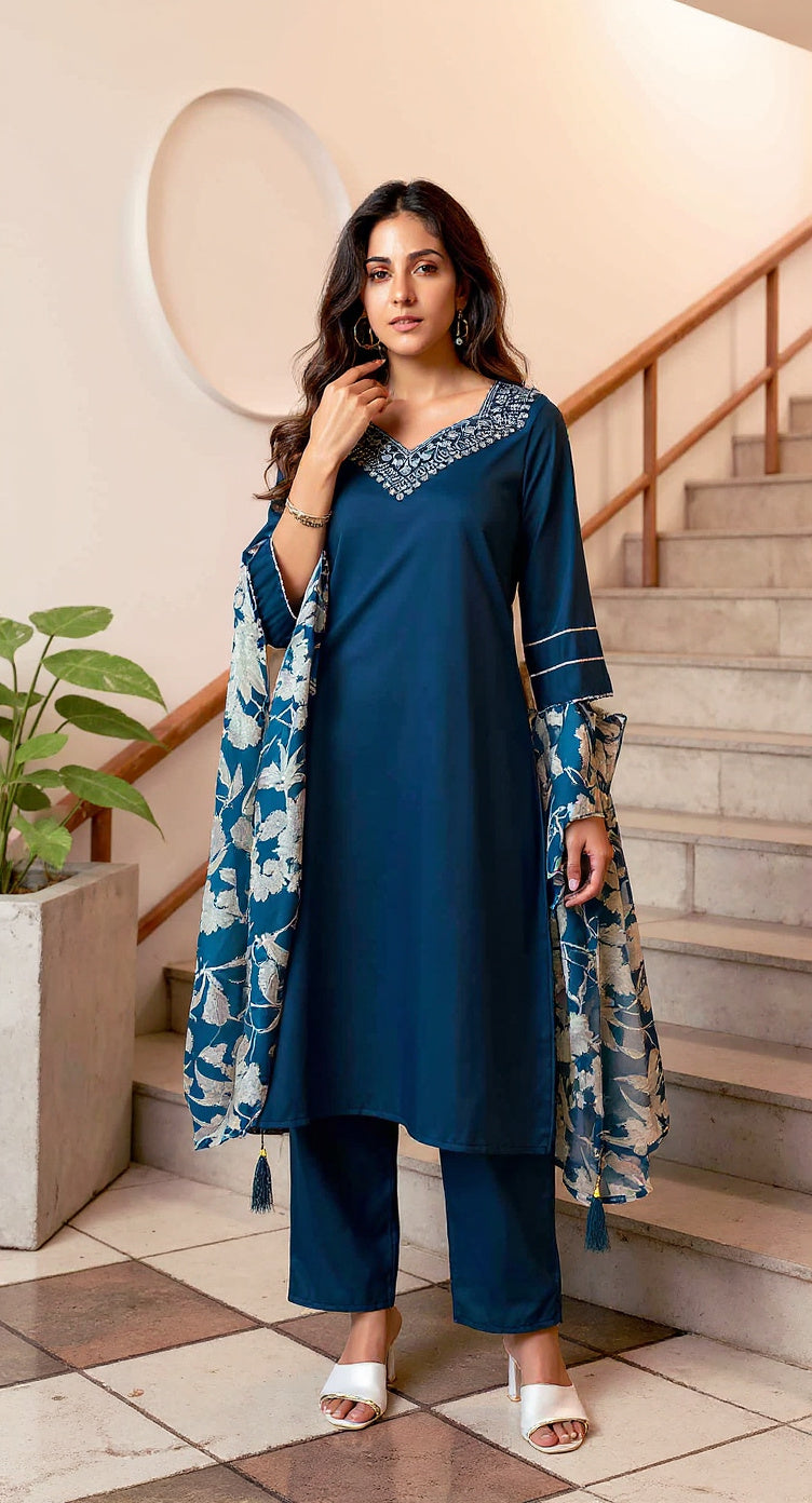 NEVYBLUE  COLOURED  WOMEN'S VISCOSE RAYON KURTA WITH  DUPATTA SET