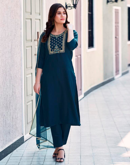 BLUE COLOURED  WOMEN'S VISCOSE RAYON KURTA WITH  DUPATTA SET