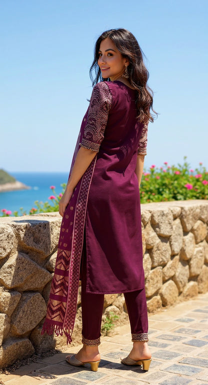 BROWN COLOURED  WOMEN'S VISCOSE RAYON KURTA WITH  DUPATTA SET