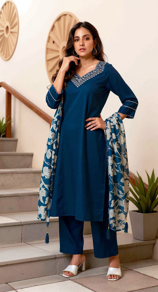 NEVYBLUE  COLOURED  WOMEN'S VISCOSE RAYON KURTA WITH  DUPATTA SET