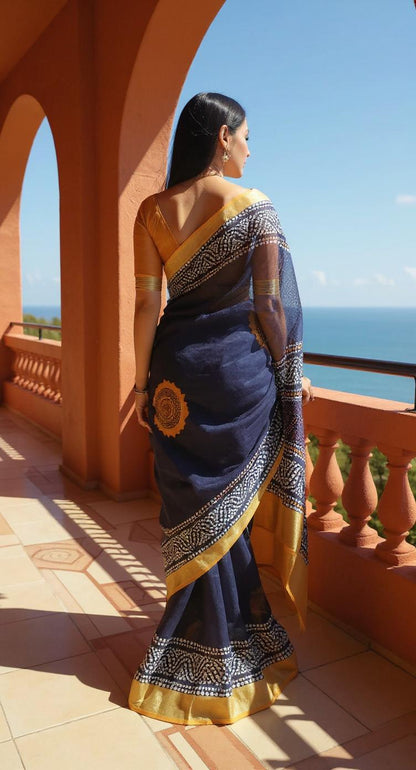 NEVY BLUE  DIGITAL PRINTED COTTON SAREE
