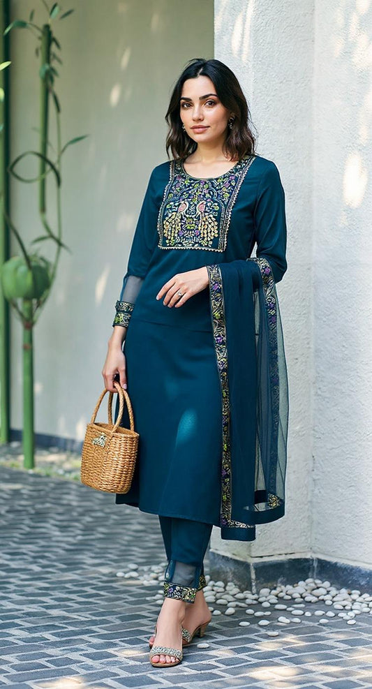 BLUE  COLOURED  WOMEN'S VISCOSE RAYON KURTA WITH  DUPATTA SET