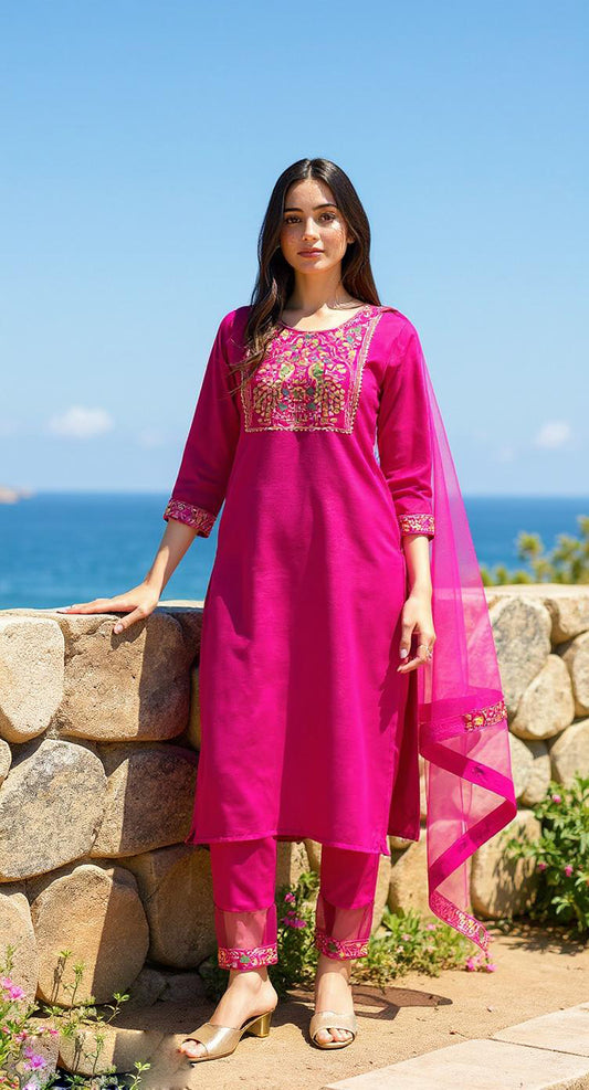 PINK COLOURED  WOMEN'S VISCOSE RAYON KURTA WITH  DUPATTA SET