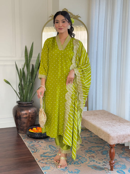 PISTA  COLOURED  WOMEN'S  REYON EMBROIDERED  KURTA WITH PANT DUPATTA SET