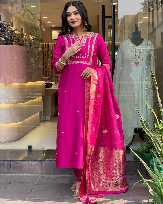 MAROON  COLOURED VISCOSE CHANDERI  WEAR KURTA SET