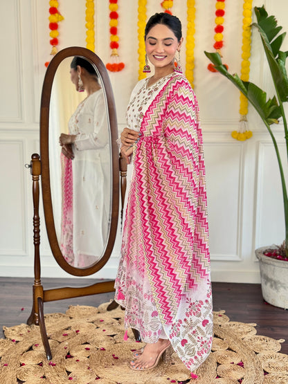 WHITE  COLOURED Women Embroidered Chanderi Kurta set