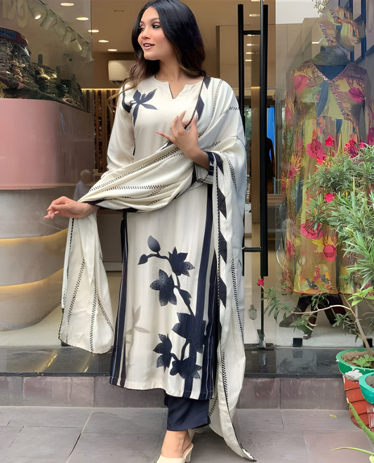 WHITE  COLOURED Women Embroidered Chanderi Kurta set
