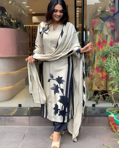 WHITE  COLOURED Women Embroidered Chanderi Kurta set