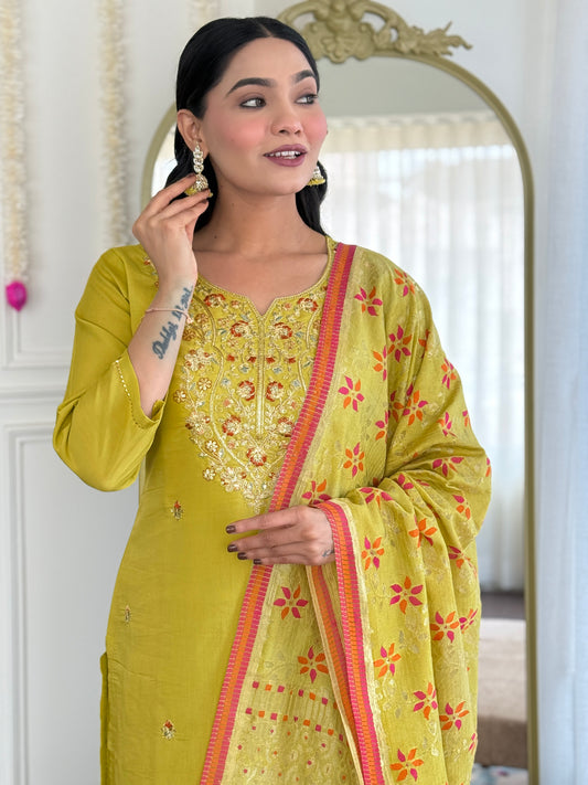 YELLOW  COLOURED WOMEN VISCOSE CHANDERI KURTA SET