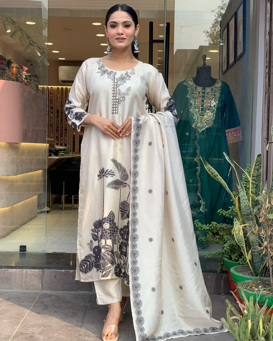 WHITE  COLOURED WOMEN  EMBROIDERY WORK KURTA SET