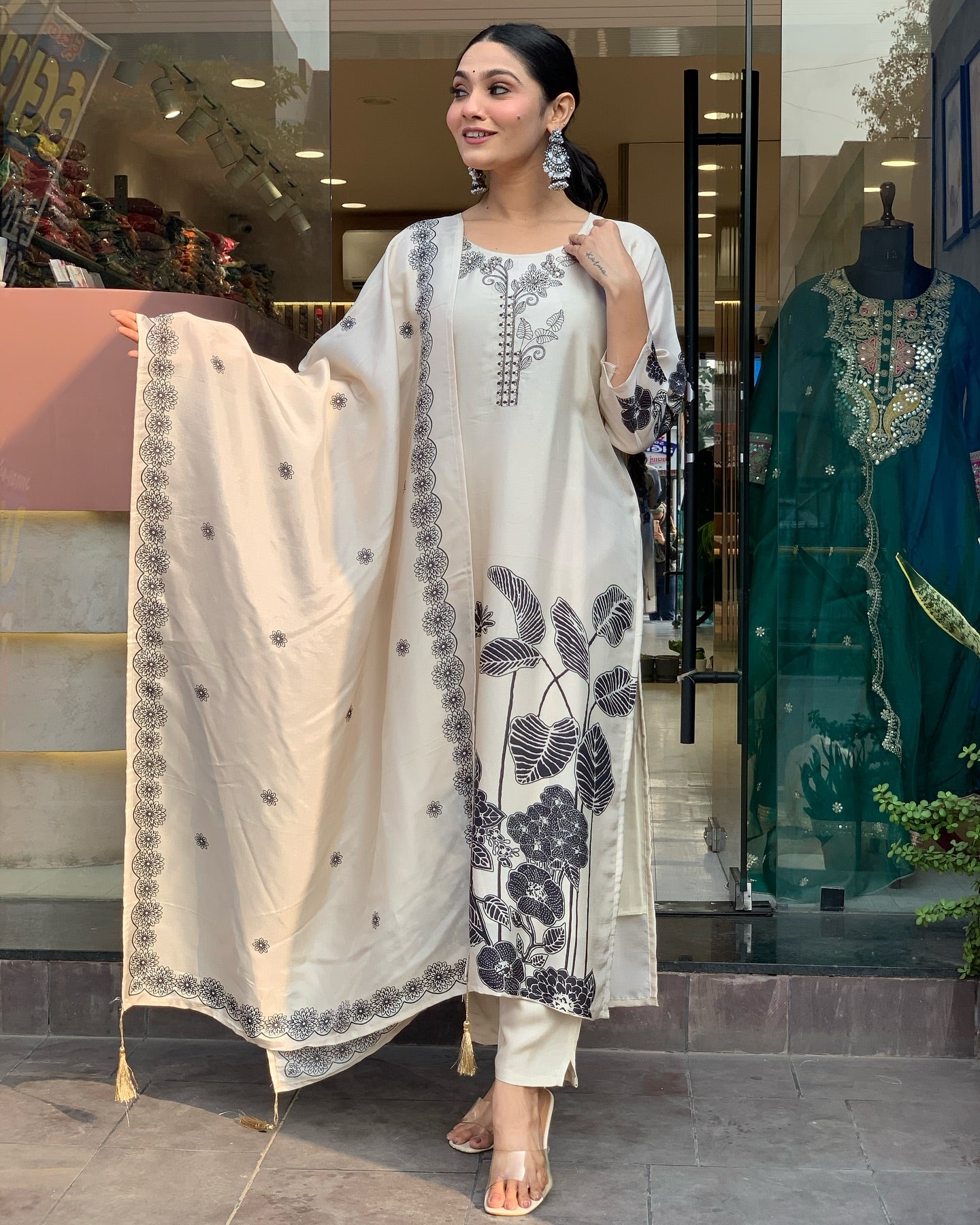 WHITE  COLOURED WOMEN  EMBROIDERY WORK KURTA SET