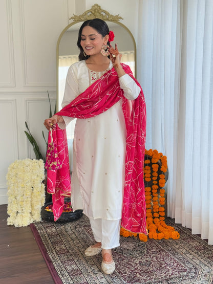 WHITE  COLOURED WOMEN  EMBROIDERY WORK KURTA SET (Copy)