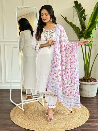 WHITE COLOURED WOMEN  EMBROIDERY WORK KURTA SET