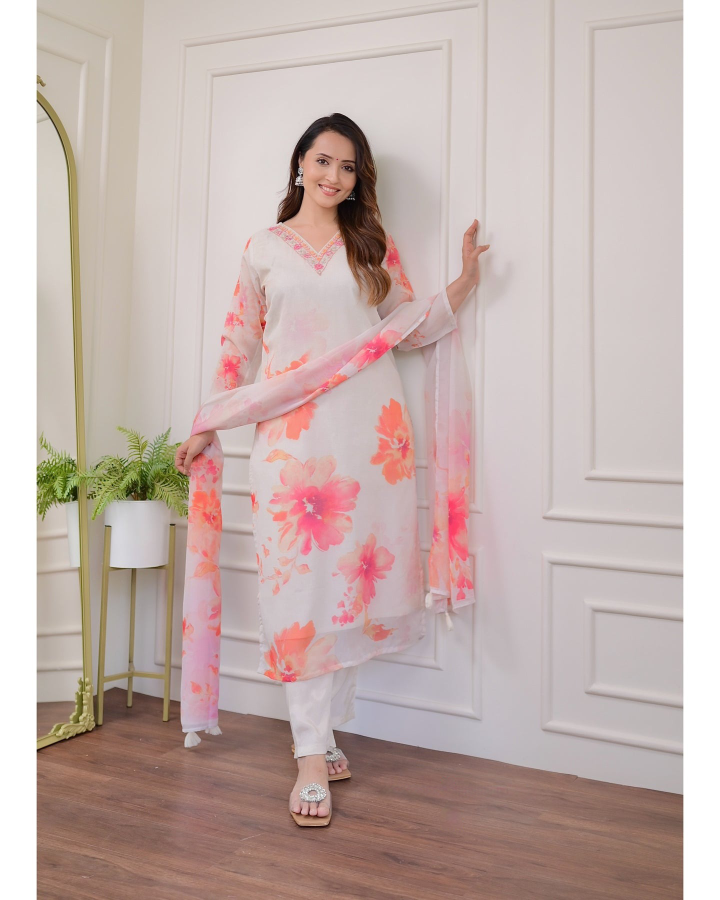 HARLIN WHITE  COLOURED WOMEN'S  EMBROIDERY  KURTA SET