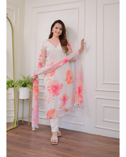 HARLIN WHITE  COLOURED WOMEN'S  EMBROIDERY  KURTA SET
