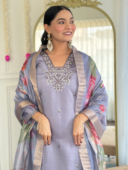 GREY COLOURED  WOMEN'S CHANDERI SILK   EMBROIDERED   KURTA  WITH PANT DUPATTA  SET
