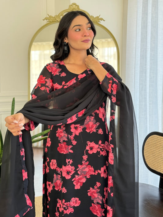 BLACK COLOURED  WOMEN'S GEORGETTE  KURTA  WITH PANT DUPATTA  SET
