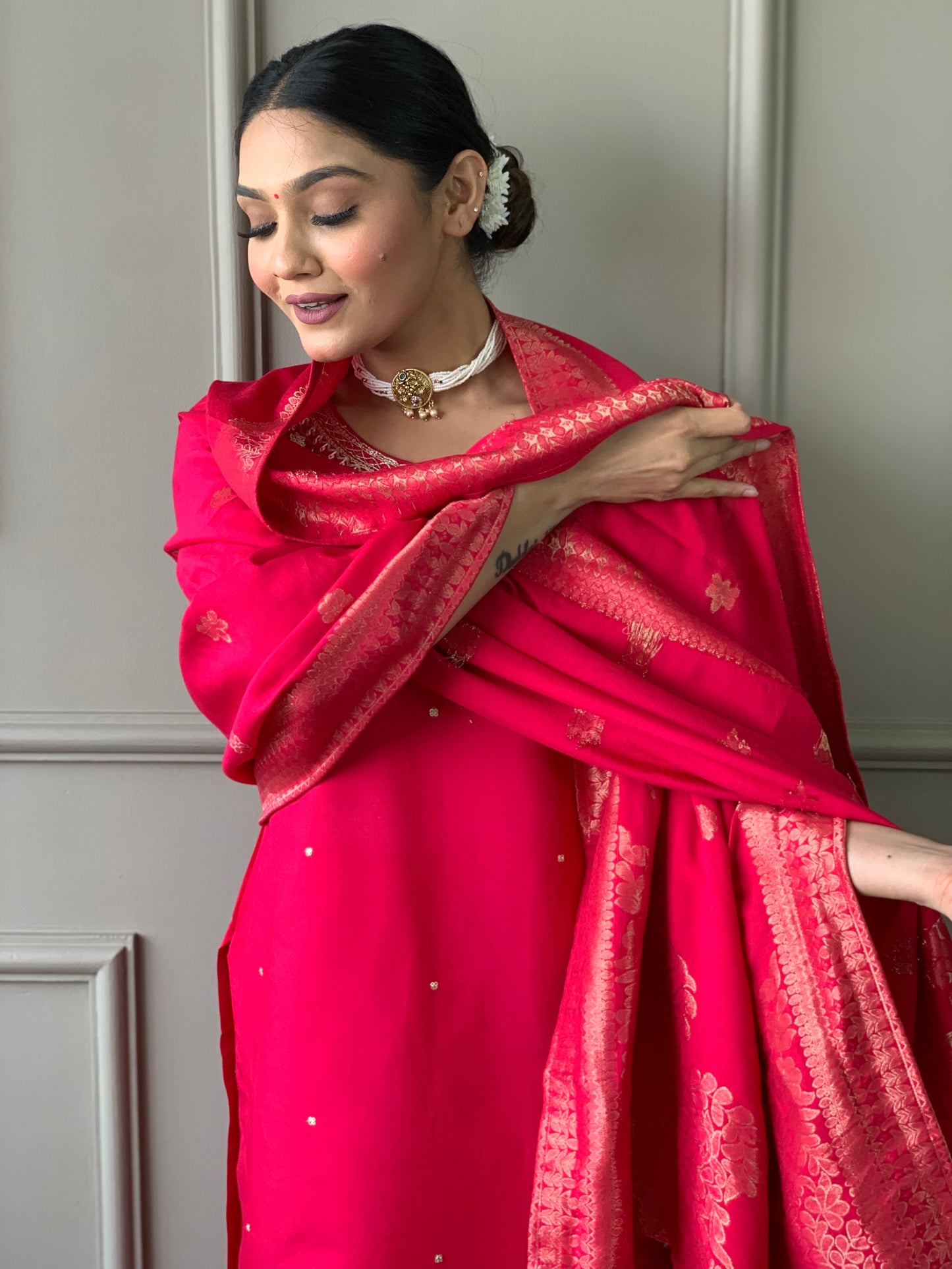 PINK  COLOURED WOMEN'S  VISCOSE CHANDERI KURTA SET