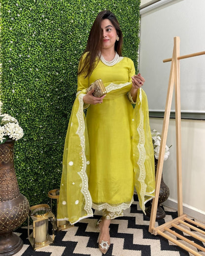 PISTA YELLOW   COLOURED WOMEN'S  EMBROIDERY KURTA SET