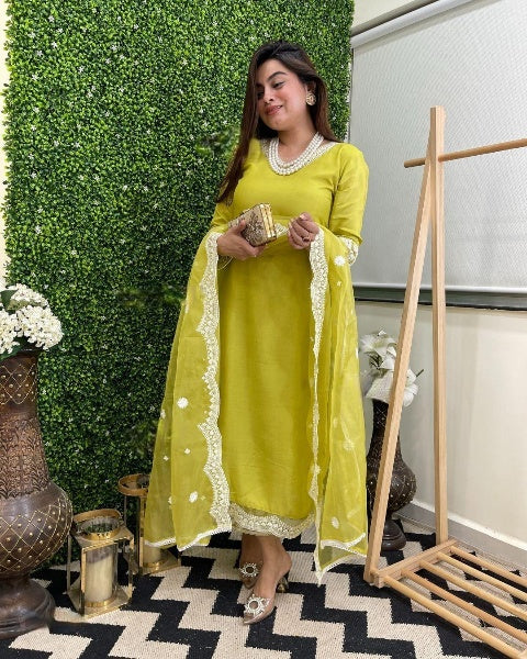 PISTA YELLOW   COLOURED WOMEN'S  EMBROIDERY KURTA SET
