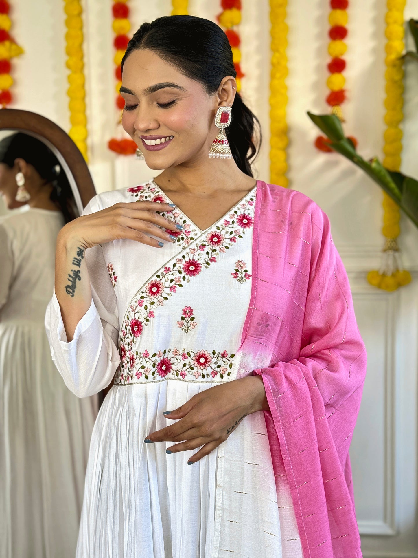 KANIKA WHITE  COLOURED WOMEN'S  CHANDERI  KURTA SET