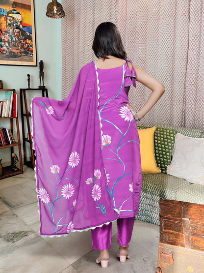 KAVERI PURPLE COLOURED WOMEN'S VISCOSE FRENCH CREPE KURTA SET