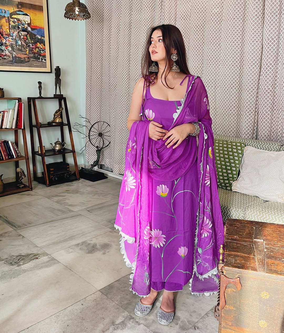 KAVERI PURPLE COLOURED WOMEN'S VISCOSE FRENCH CREPE KURTA SET