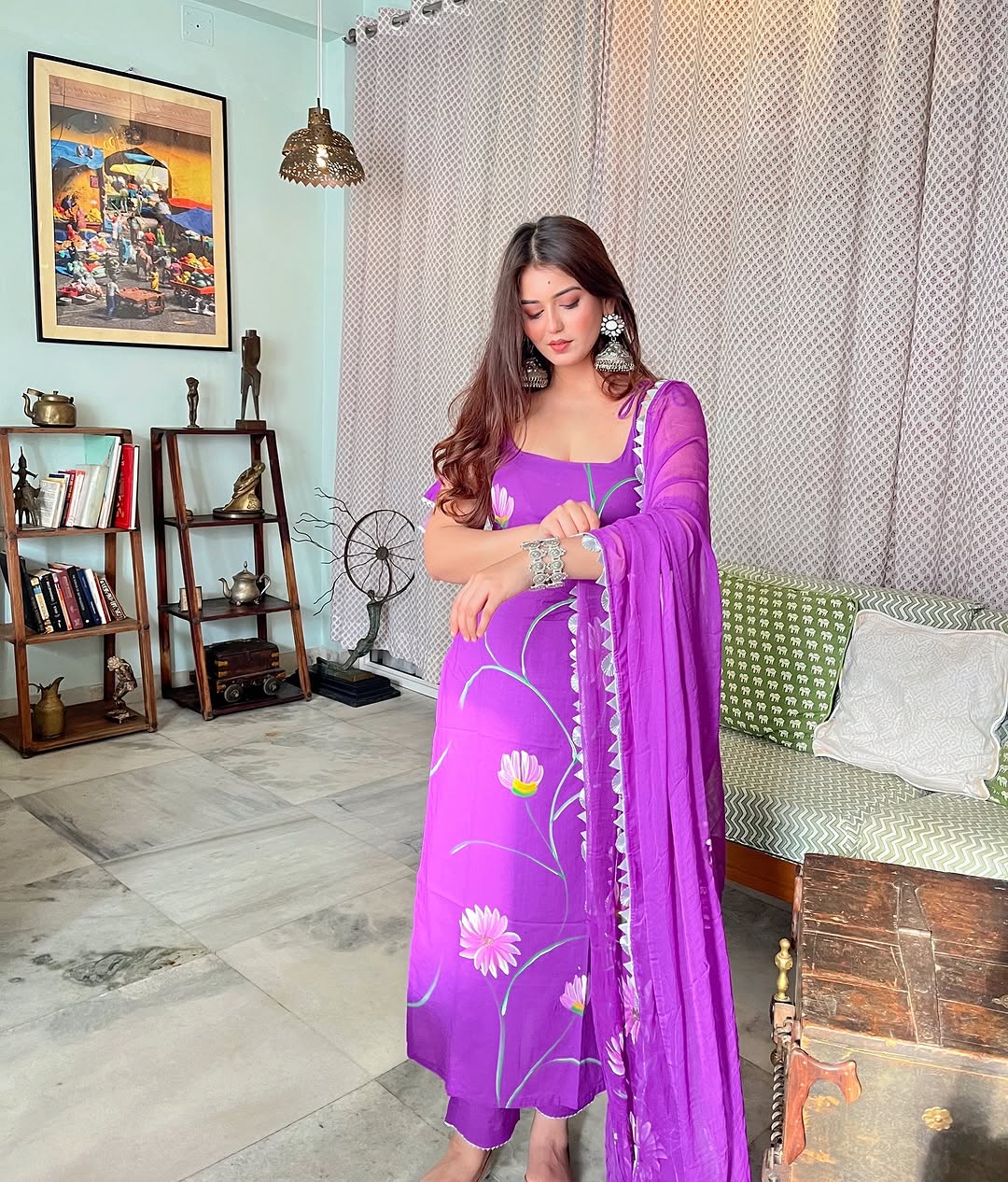 KAVERI PURPLE COLOURED WOMEN'S VISCOSE FRENCH CREPE KURTA SET