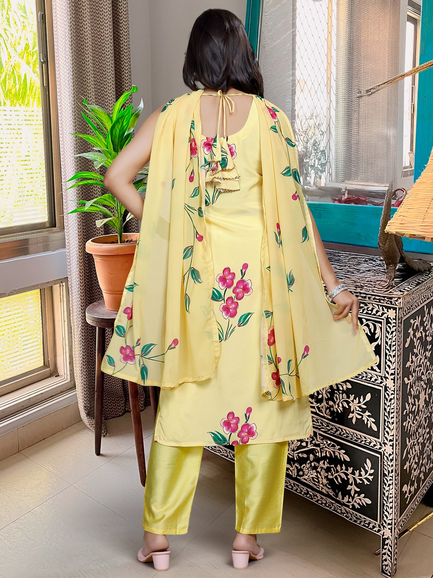 KAVERI YELLOW  COLOURED WOMEN'S VISCOSE FRENCH CREPE KURTA SET