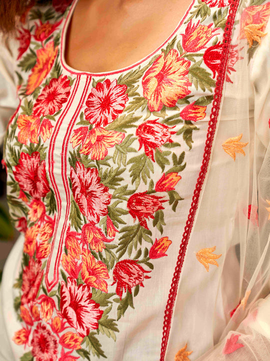 WHITE  COLOURED  WOMEN'S VISCOSE CHANDERI  EMBROIDERED   KURTA  WITH PANT DUPATTA  SET