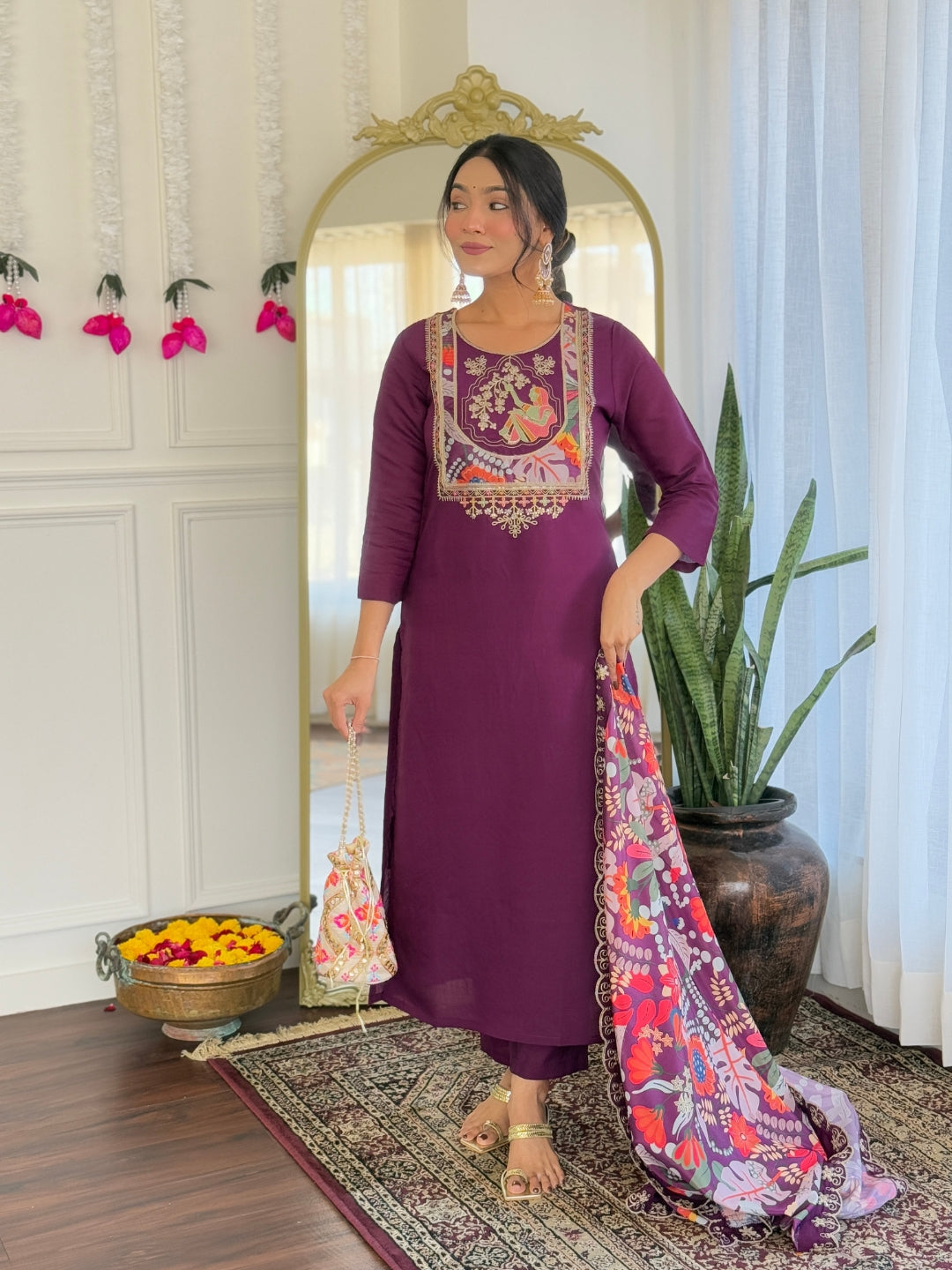 NARI Women's  Chanderi Viscose Embroidered Straight Kurta with Chanderi Viscose Pant And Silk Printed Dupatta Sets