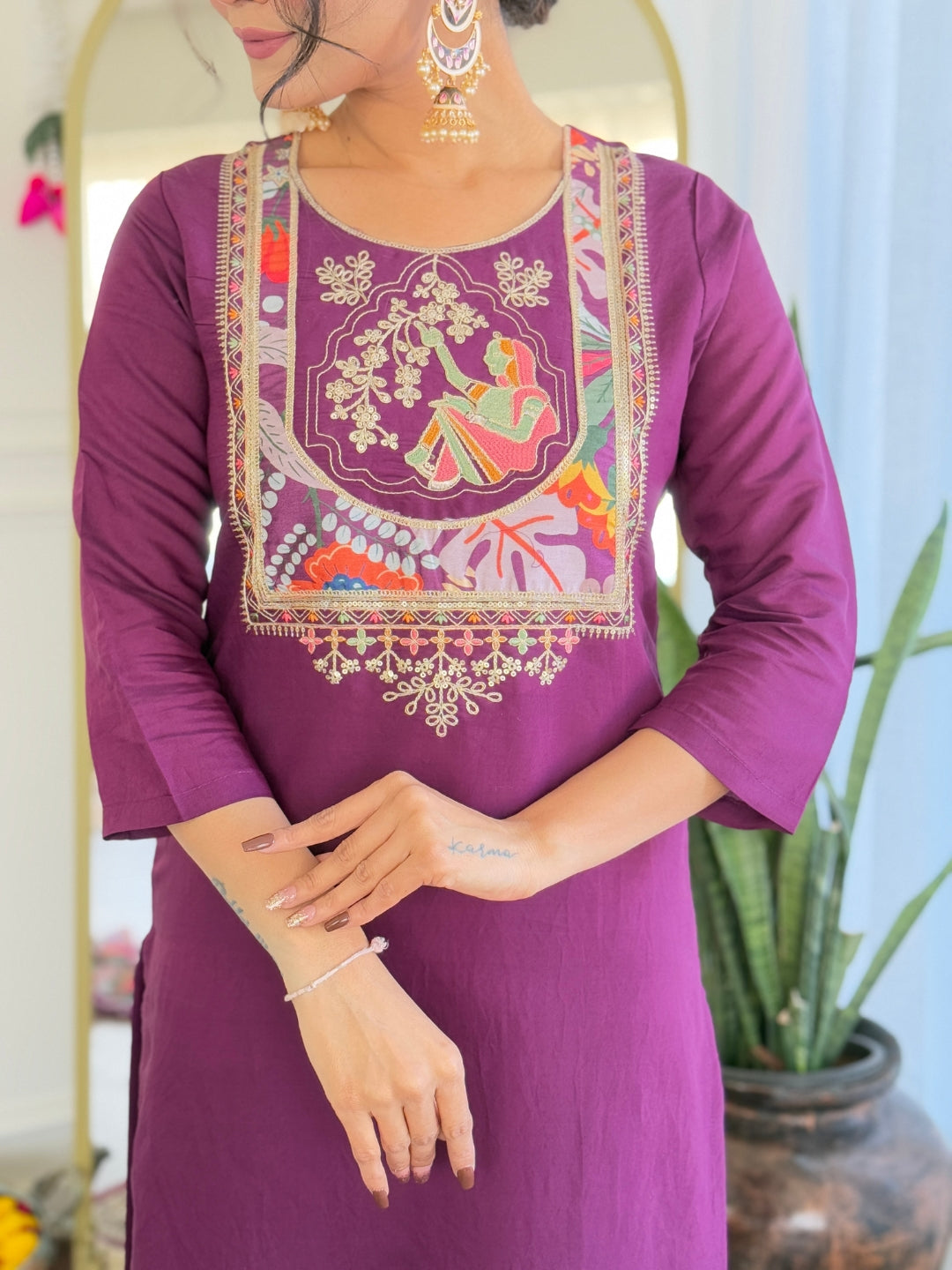 NARI Women's  Chanderi Viscose Embroidered Straight Kurta with Chanderi Viscose Pant And Silk Printed Dupatta Sets