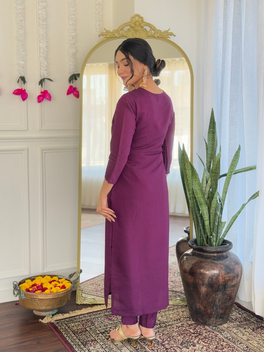 NARI Women's  Chanderi Viscose Embroidered Straight Kurta with Chanderi Viscose Pant And Silk Printed Dupatta Sets