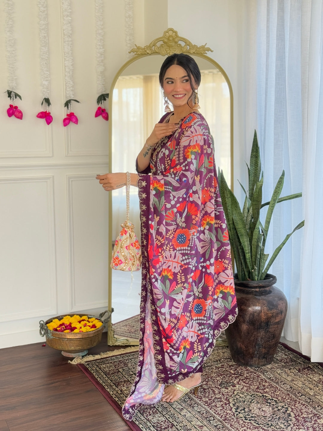 NARI Women's  Chanderi Viscose Embroidered Straight Kurta with Chanderi Viscose Pant And Silk Printed Dupatta Sets