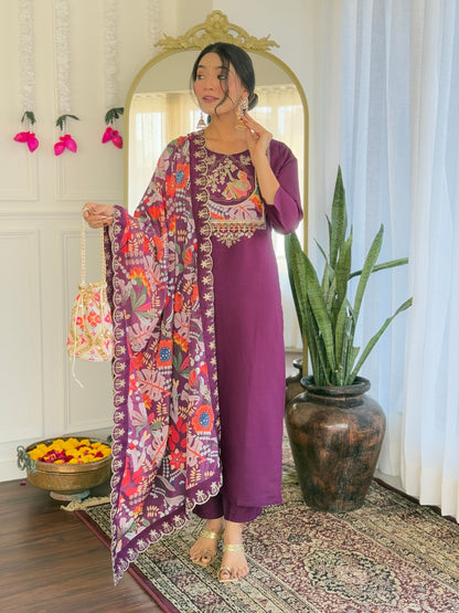 NARI Women's  Chanderi Viscose Embroidered Straight Kurta with Chanderi Viscose Pant And Silk Printed Dupatta Sets