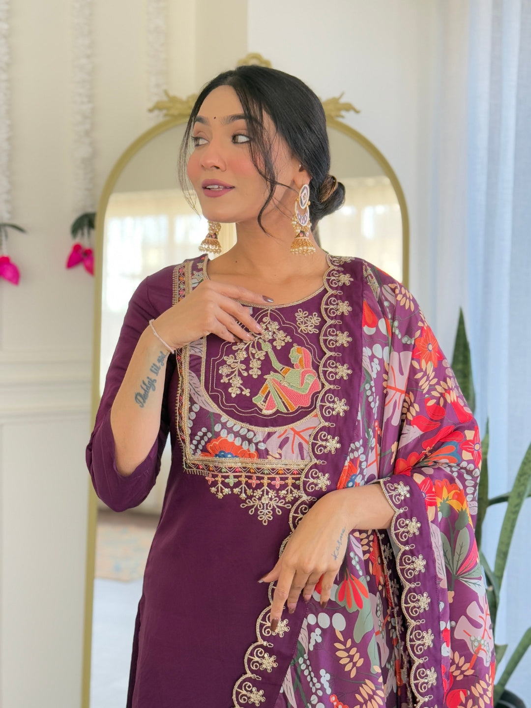 NARI Women's  Chanderi Viscose Embroidered Straight Kurta with Chanderi Viscose Pant And Silk Printed Dupatta Sets