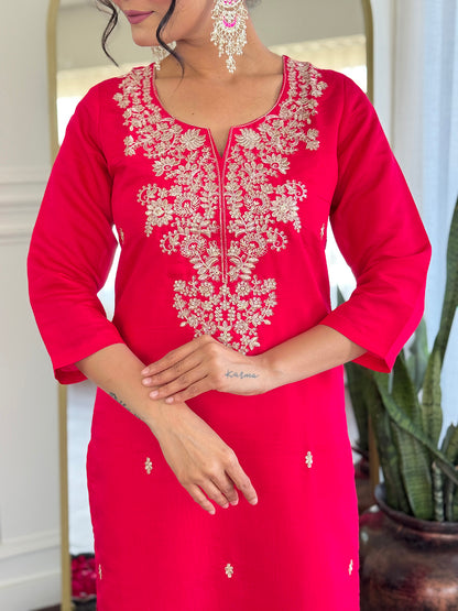 PINK COLOURED  WOMEN'S ROMAN SILK EMBROIDERED STRAIGHT   KURTA  WITH PANT DUPATTA  SET