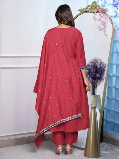 MORLO RED COLOURED  WOMEN'SBSY CHINNON  KURTA WITH PANT DUPATTA  SET